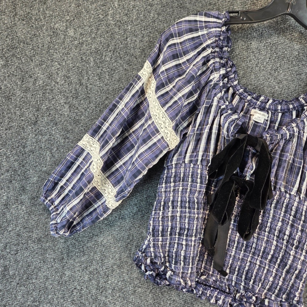 Kimchi Blue Blue Plaid Off-Shoulder Smocked Blouse with Velvet Bow - Picture 5 of 13